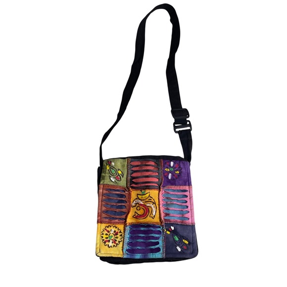 Handbags - Bohemian Patchwork Shoulder Bag Multi Color Om Symbol Adjustable Strap